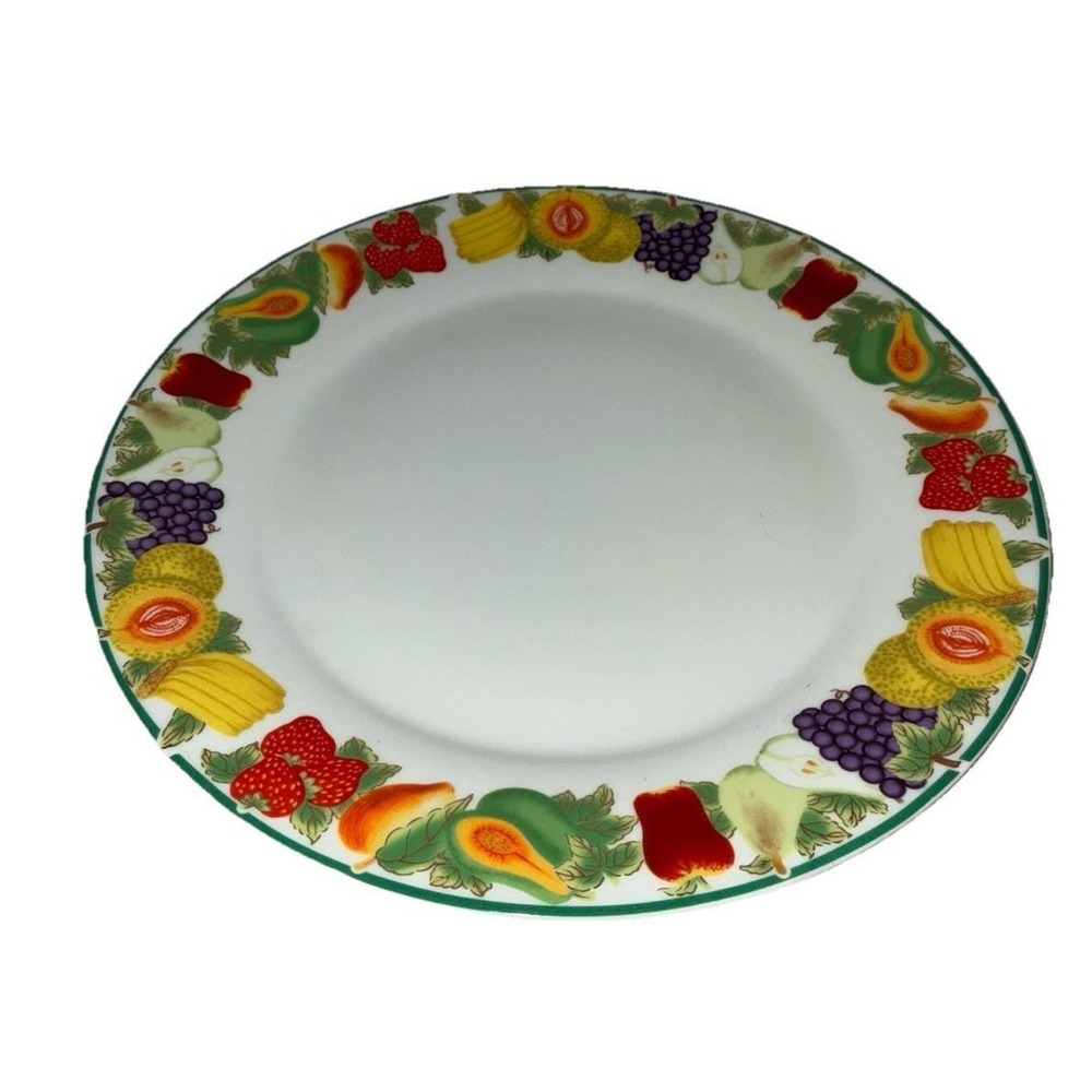KMC Dinner Plates Fruit Border Green Trim Gold Accents 11" Set Of 5 Vintage